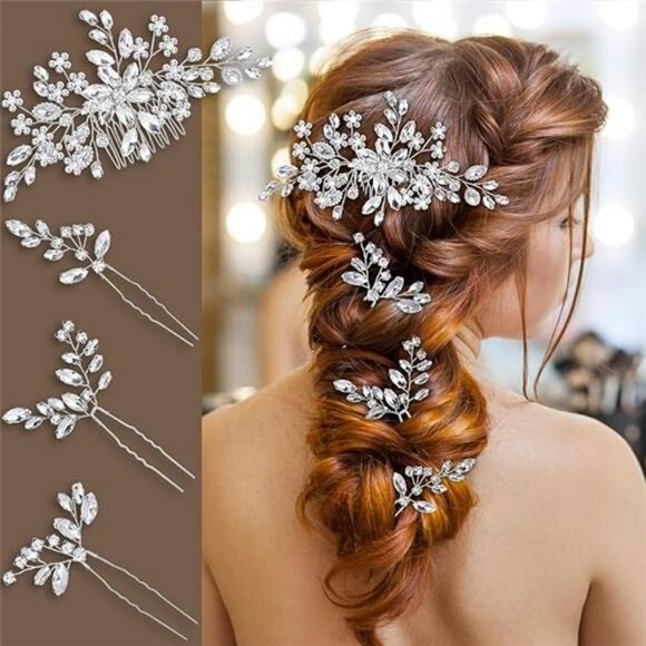 4 Pc Bride Wedding Hair Comb Pearl Flower Hair Piece Rhinestone Silver Hair Clip - Picture 7 of 7